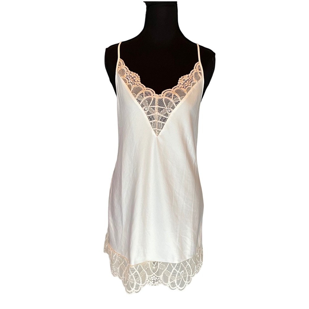 Flora Nikrooz Ivory Satin Lace Trim Racerback Chemise Nightgown XS Buttery Soft